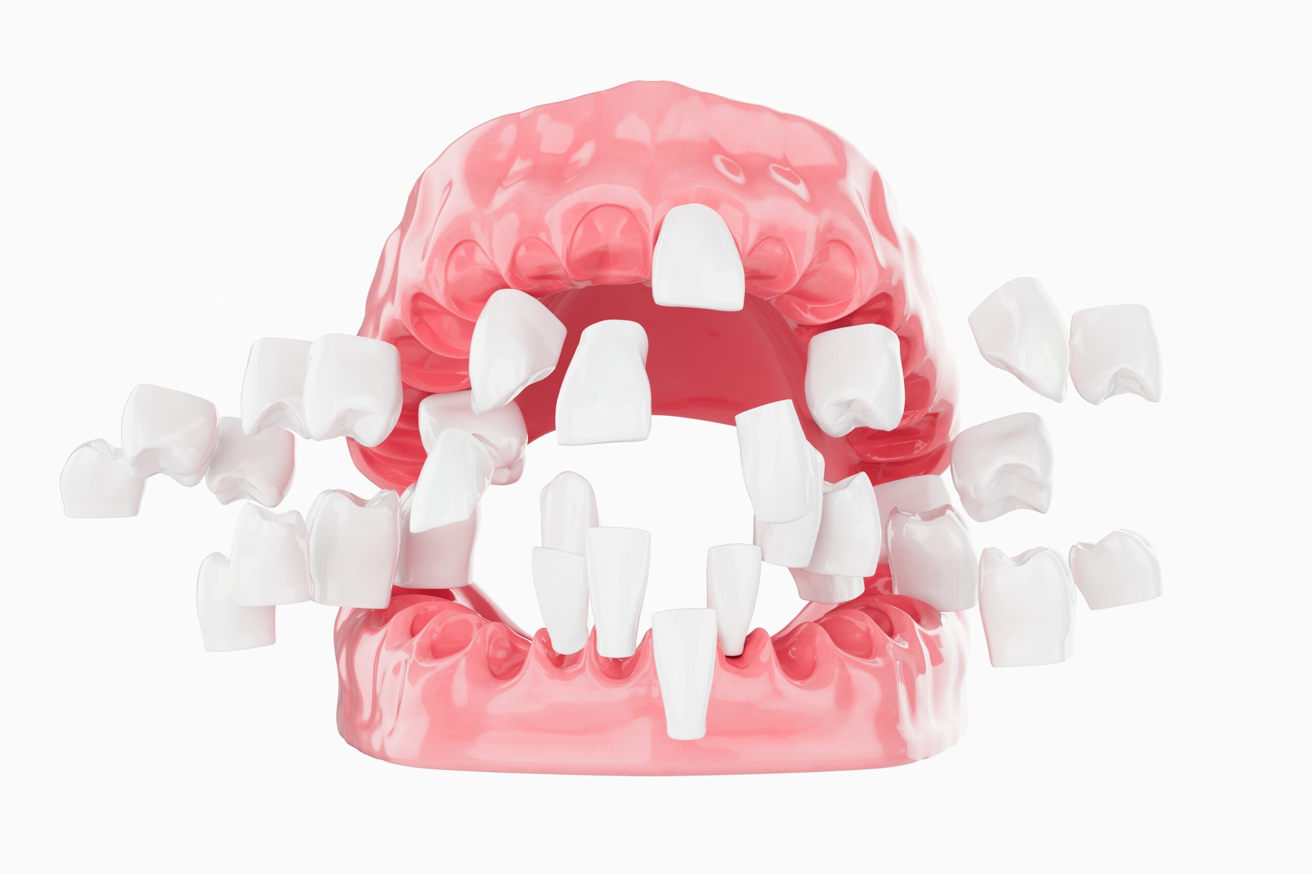 Close up Explode Beauty teeth health care on white background. Selective focus. 3D Render.